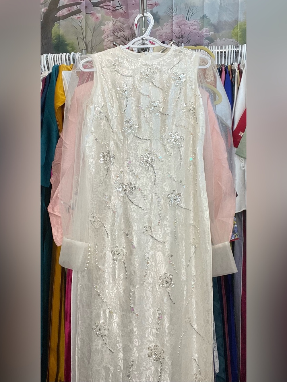 Ao dai Xl 6 Vietnamese woman’s traditional long dress set cream beads sequin 🎁